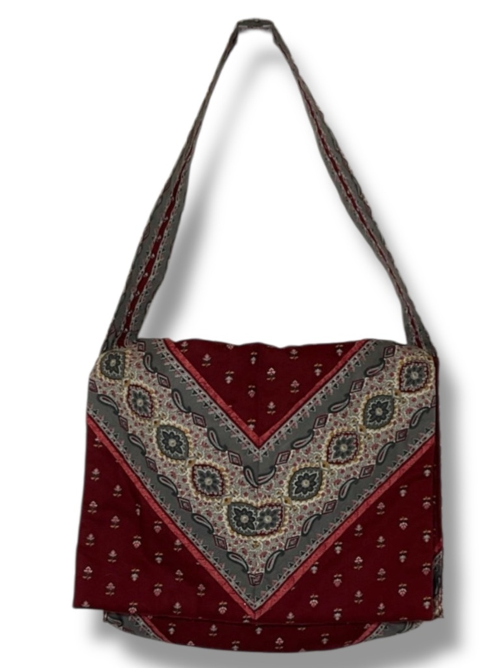 Vintage Bag Quilted Burgundy Red Grey Print Cotton Shoulder Purse